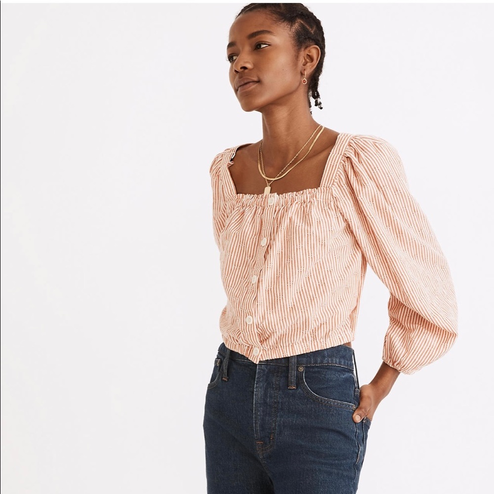 Madewell Puff-sleeve Button Front Crop Top in Embroidered Stripe xs